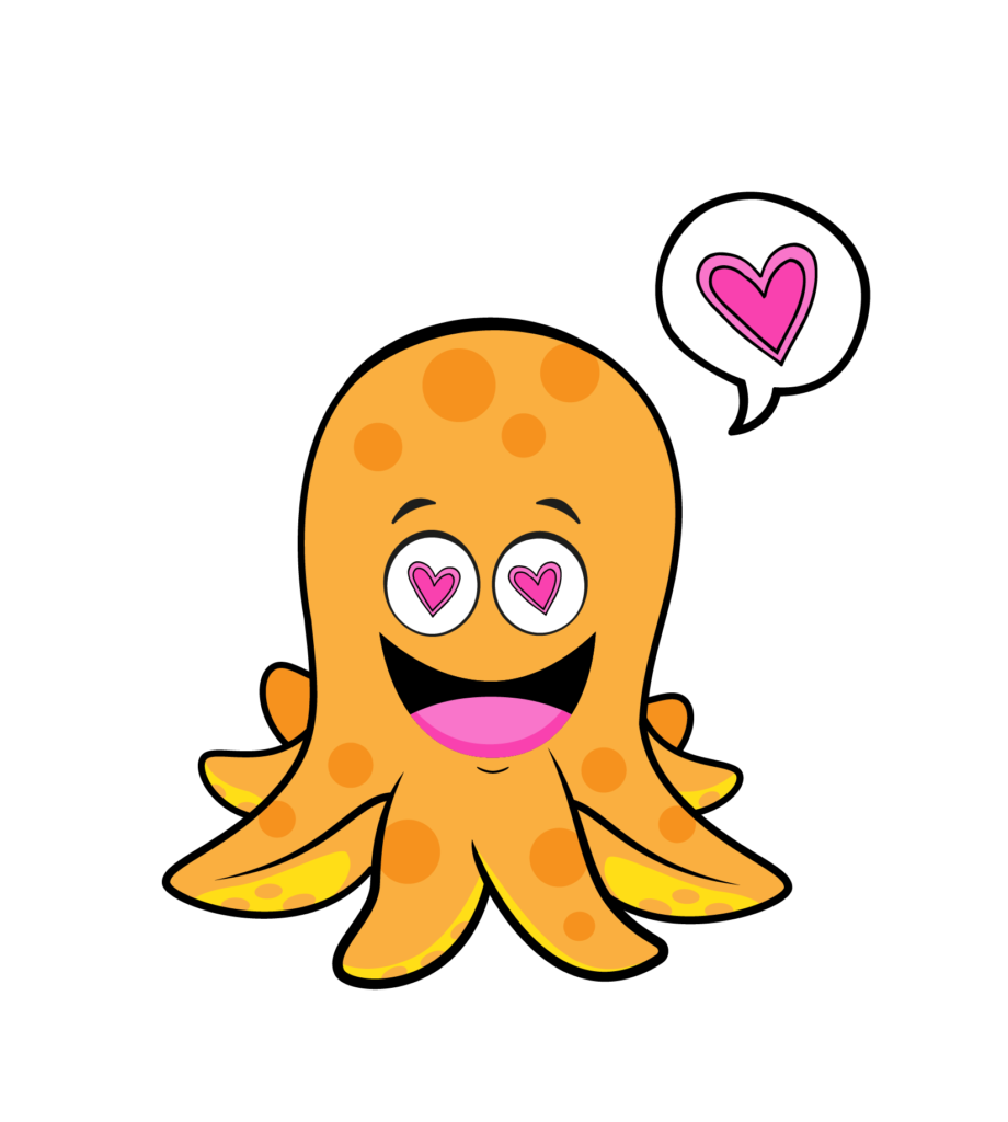 Buddy the octopus with hearts in his eyes and a love comment emoji