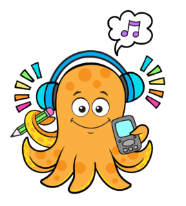 Buddy the octopus holds his cell phone, a pencil, and is listening to music in colorful headphones