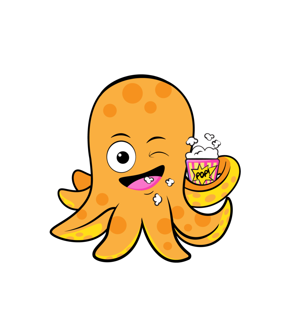 Buddy the octopus has a smile while holding popcorn