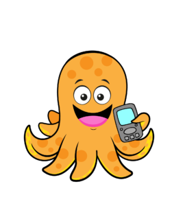Buddy the orange octopus has a big smile and holds a cellphone